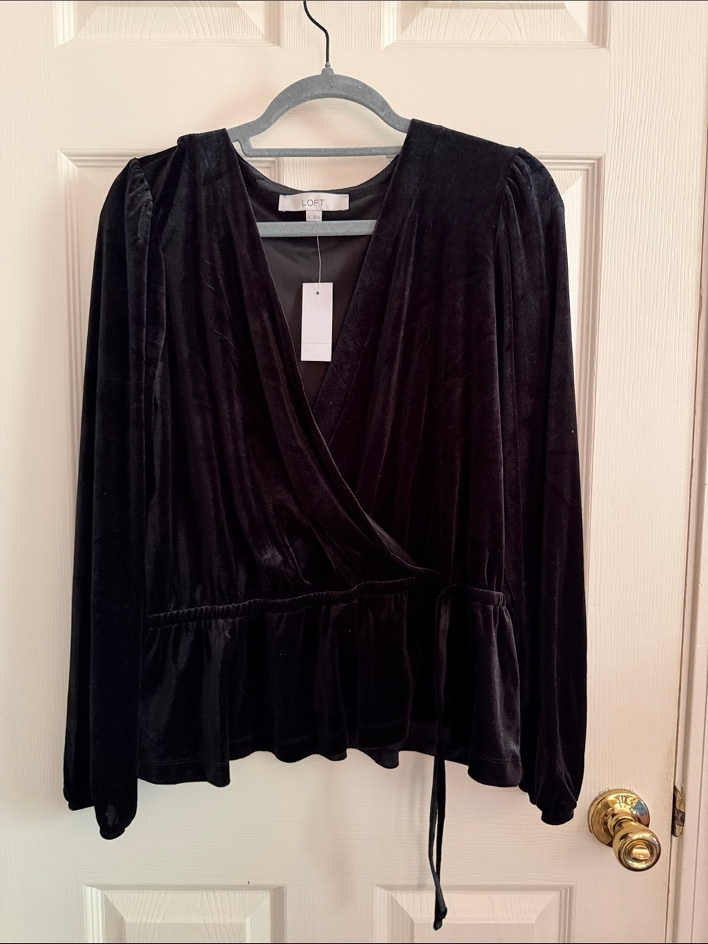 NWT LOFT Black Velvet Wrap Peplum Blouse